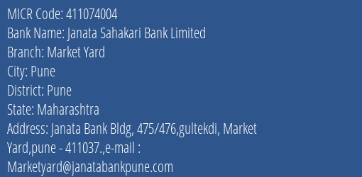 Janata Sahakari Bank Limited Market Yard MICR Code