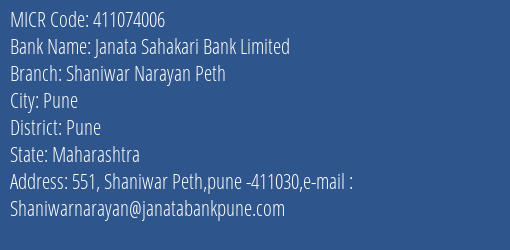 Janata Sahakari Bank Limited Shaniwar Narayan Peth MICR Code