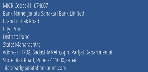 Janata Sahakari Bank Limited Tilak Road MICR Code
