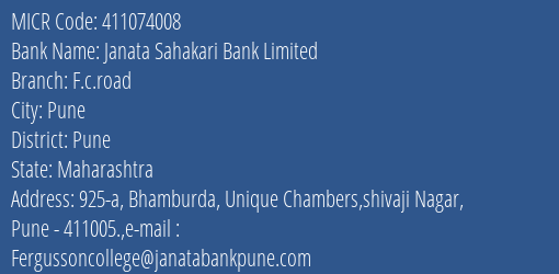 Janata Sahakari Bank Limited F.c.road MICR Code