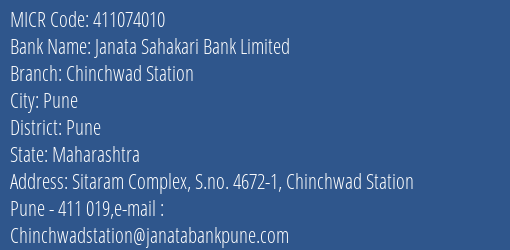 Janata Sahakari Bank Limited Chinchwad Station MICR Code