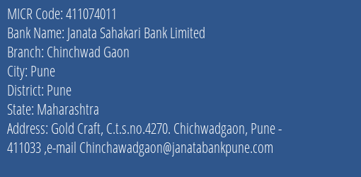 Janata Sahakari Bank Limited Chinchwad Gaon MICR Code