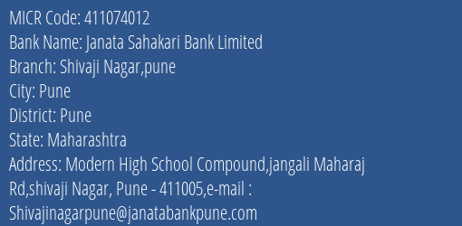 Janata Sahakari Bank Limited Shivaji Nagar Pune MICR Code