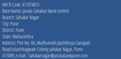 Janata Sahakari Bank Limited Sahakar Nagar MICR Code