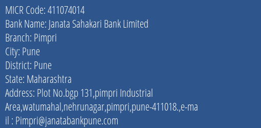 Janata Sahakari Bank Limited Pimpri MICR Code