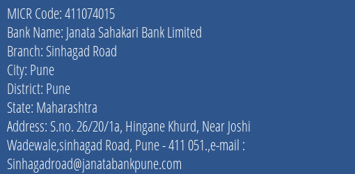 Janata Sahakari Bank Limited Sinhagad Road MICR Code