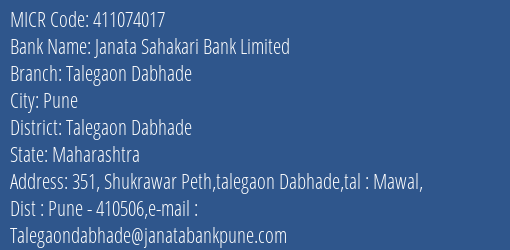 Janata Sahakari Bank Limited Talegaon Dabhade MICR Code