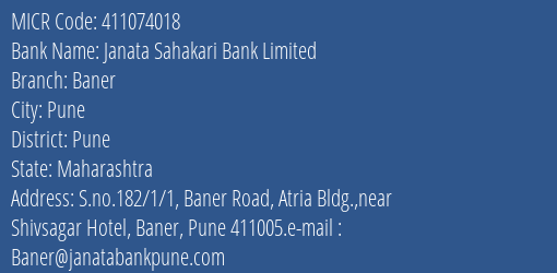 Janata Sahakari Bank Limited Baner MICR Code