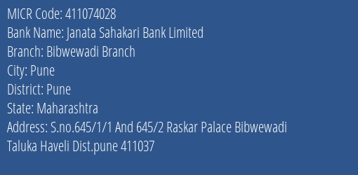 Janata Sahakari Bank Limited Bibwewadi Branch MICR Code