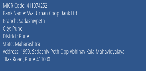 Wai Urban Coop Bank Ltd Sadashivpeth MICR Code