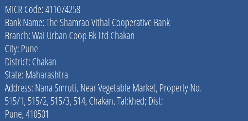 Wai Urban Coop Bank Ltd Chakan MICR Code