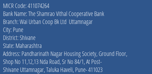 Wai Urban Coop Bank Ltd Uttamnagar MICR Code