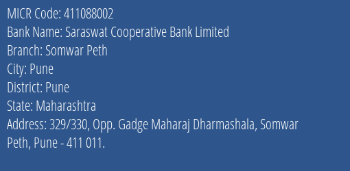 Saraswat Cooperative Bank Limited Somwar Peth MICR Code