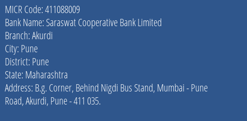 Saraswat Cooperative Bank Limited Akurdi MICR Code