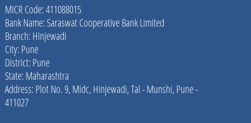 Saraswat Cooperative Bank Limited Hinjewadi MICR Code