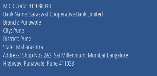 Saraswat Cooperative Bank Limited Punawale MICR Code