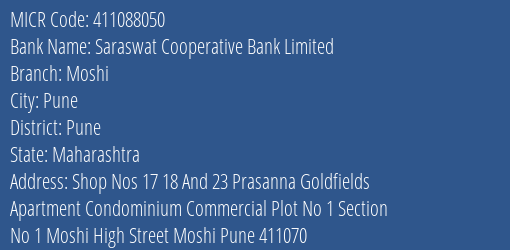 Saraswat Cooperative Bank Limited Moshi MICR Code