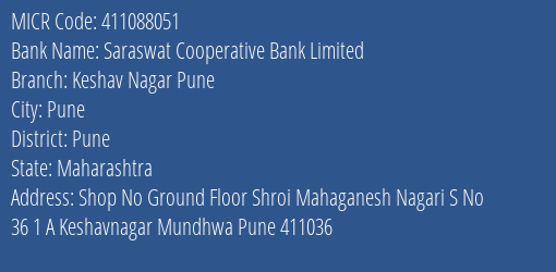 Saraswat Cooperative Bank Limited Keshav Nagar Pune MICR Code