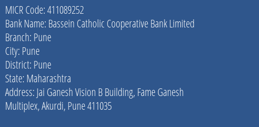 Bassein Catholic Cooperative Bank Limited Pune MICR Code