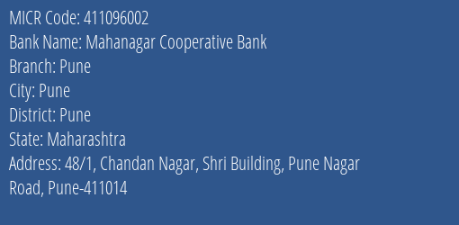 Mahanagar Cooperative Bank Pune MICR Code