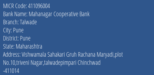 Mahanagar Cooperative Bank Talwade MICR Code