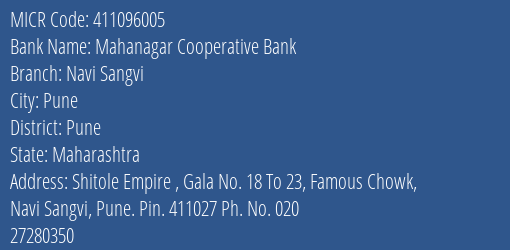 Mahanagar Cooperative Bank Navi Sangvi MICR Code