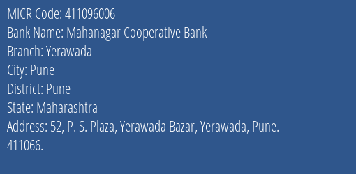 Mahanagar Cooperative Bank Yerawada MICR Code