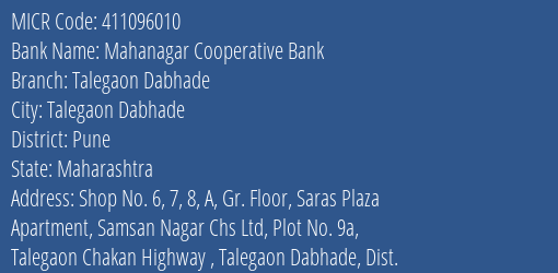 Mahanagar Cooperative Bank Talegaon Dabhade MICR Code