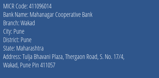 Mahanagar Cooperative Bank Wakad MICR Code