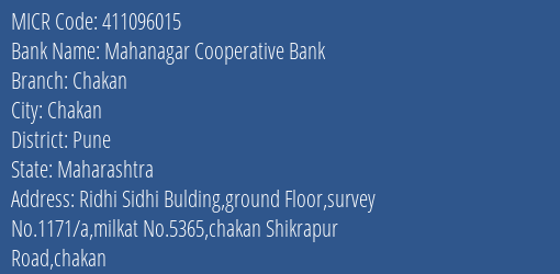 Mahanagar Cooperative Bank Chakan MICR Code