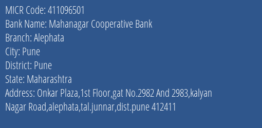 Mahanagar Cooperative Bank Alephata MICR Code