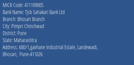 Tjsb Sahakari Bank Ltd Bhosari Branch MICR Code