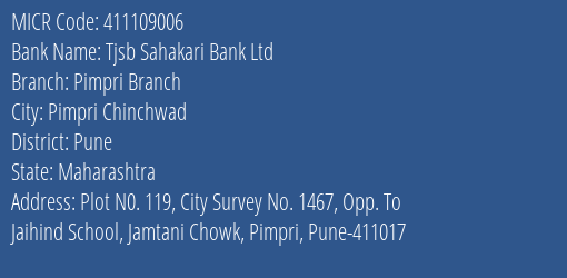 Tjsb Sahakari Bank Ltd Pimpri Branch MICR Code