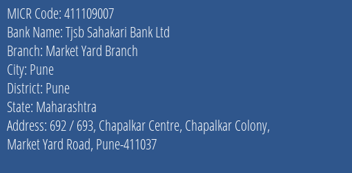Tjsb Sahakari Bank Ltd Market Yard Branch MICR Code