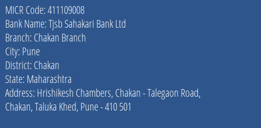 Tjsb Sahakari Bank Ltd Chakan Branch MICR Code