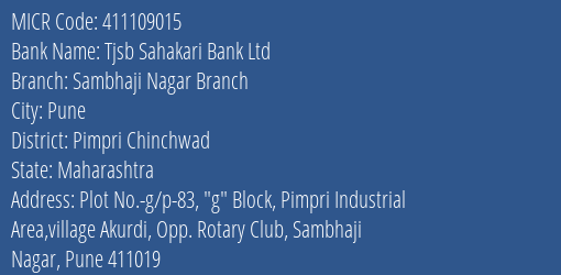 Tjsb Sahakari Bank Ltd Sambhaji Nagar Branch MICR Code