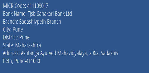 Tjsb Sahakari Bank Ltd Sadashivpeth Branch MICR Code