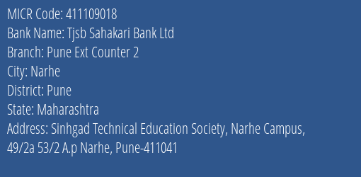Tjsb Sahakari Bank Ltd Pune Ext Counter 2 MICR Code