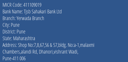 Tjsb Sahakari Bank Ltd Yerwada Branch MICR Code