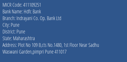 Indrayani Co Op Bank Ltd Pimpri MICR Code