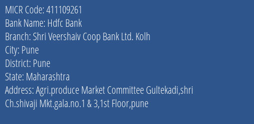 Shri Veershaiv Co Op Bank Ltd Pune MICR Code