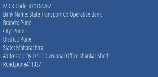State Transport Co Operative Bank Pune MICR Code