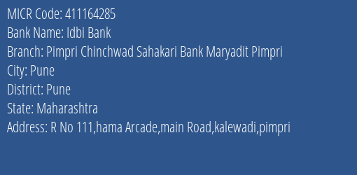 Pimpri Chinchwad Sahakari Bank Maryadit Pimpri MICR Code