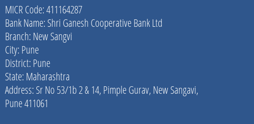 Shri Ganesh Cooperative Bank Ltd New Sangvi MICR Code