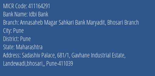 Annasaheb Magar Sahkari Bank Maryadit Bhosari Branch MICR Code