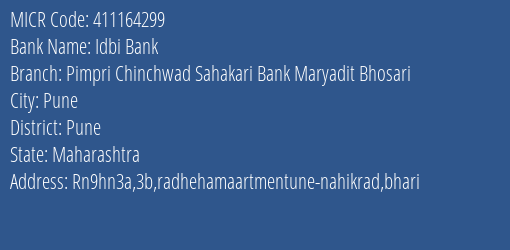Pimpri Chinchwad Sahakari Bank Maryadit Bhosari MICR Code
