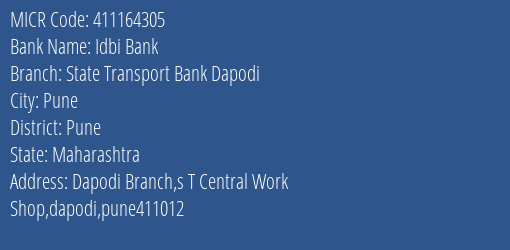 State Transport Co Operative Bank Dapodi MICR Code