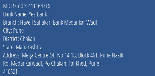 Haveli Sahakari Bank Medankar Wadi MICR Code