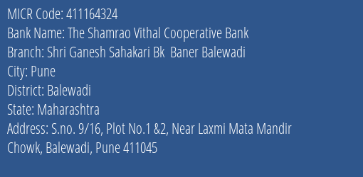 Shri Ganesh Sahakari Bank Baner Balewadi MICR Code