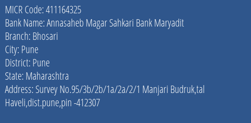 Annasaheb Magar Sahkari Bank Maryadit Bhosari MICR Code